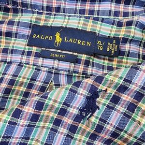 Ralph Lauren Mens XL Blue Green Pink Slim Fit Plaid Long Sleeve Button Shirt